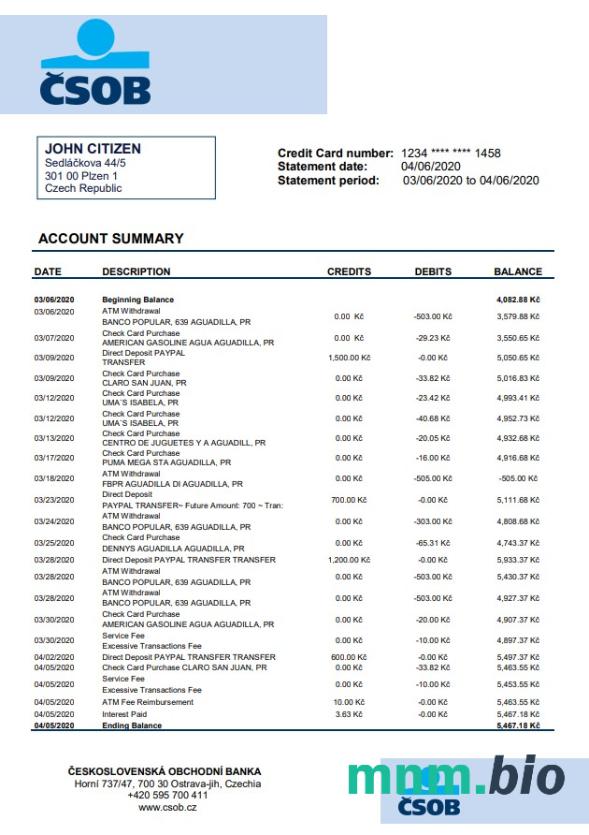 Czech Republic Československá Obchodní Banka wyciąg bankowy łatwe do wypełnienia szablonu .xls i .format pliku pdf